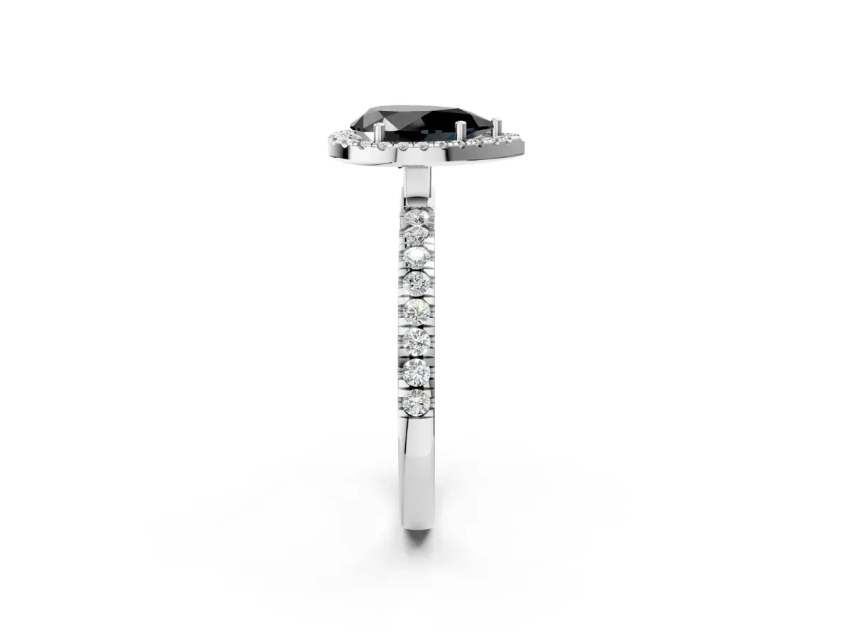 Fancy Black Pear Cut Diamond Classic Halo Engagement Ring with Round Pavé Band and Prong Setting White gold