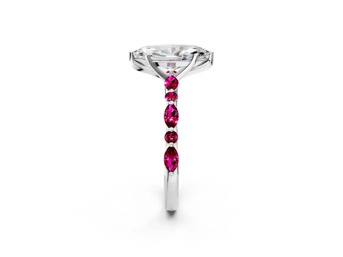 Marquise Cut Diamond Ring with Marquise and Round Garnet Side Stones and Four-Prong Setting White gold
