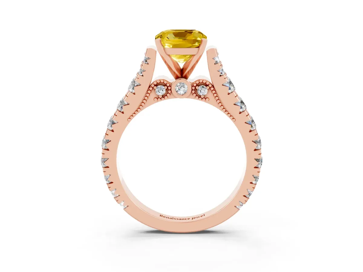 Cushion Cut Yellow Sapphire Classic Solitaire Ring with Pavé Band and Four-Prong Setting Rose gold