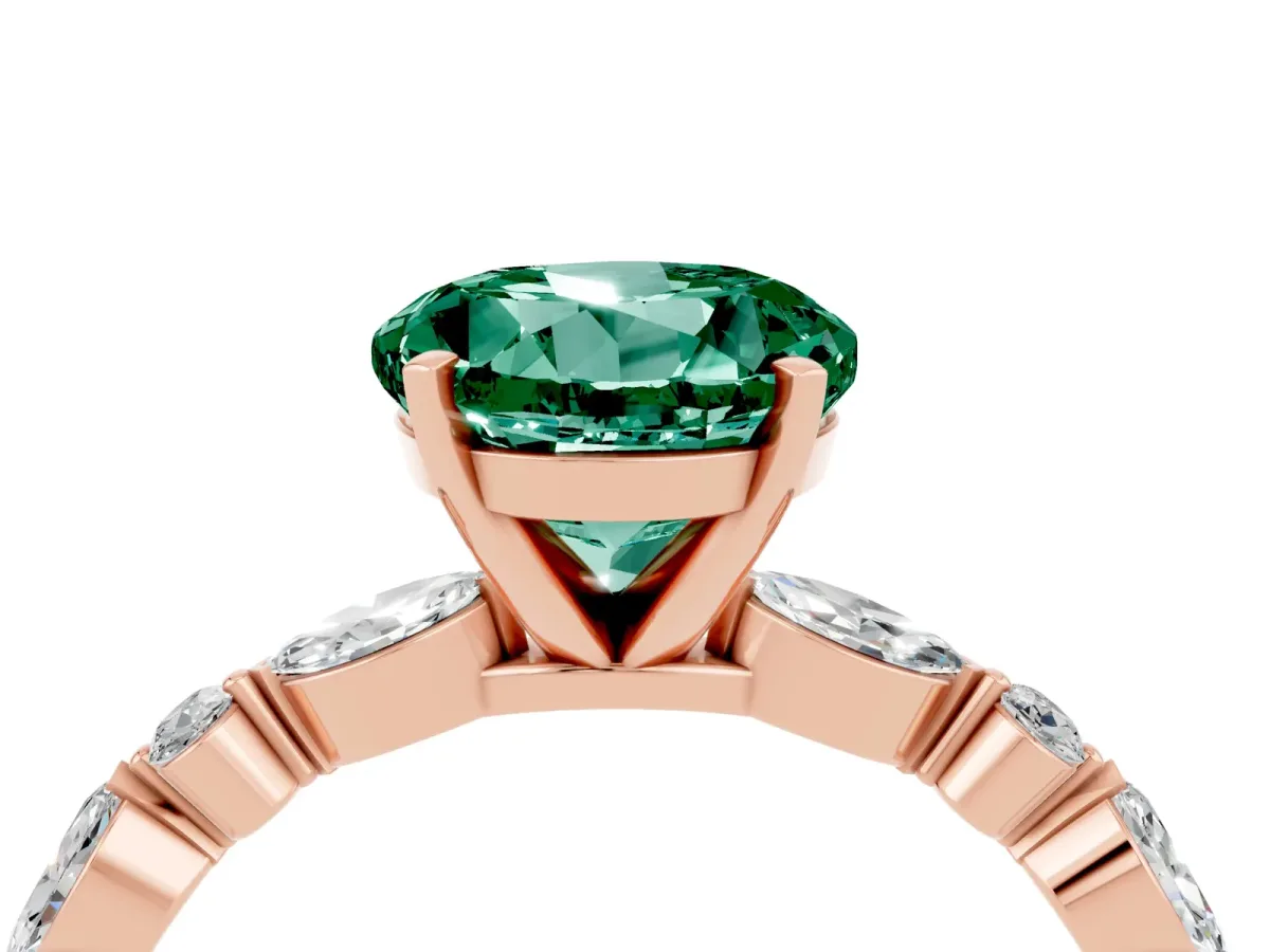 Round Cut Green Sapphire Ring with Marquise and Round Side Stones and Four-Prong Setting Rose gold