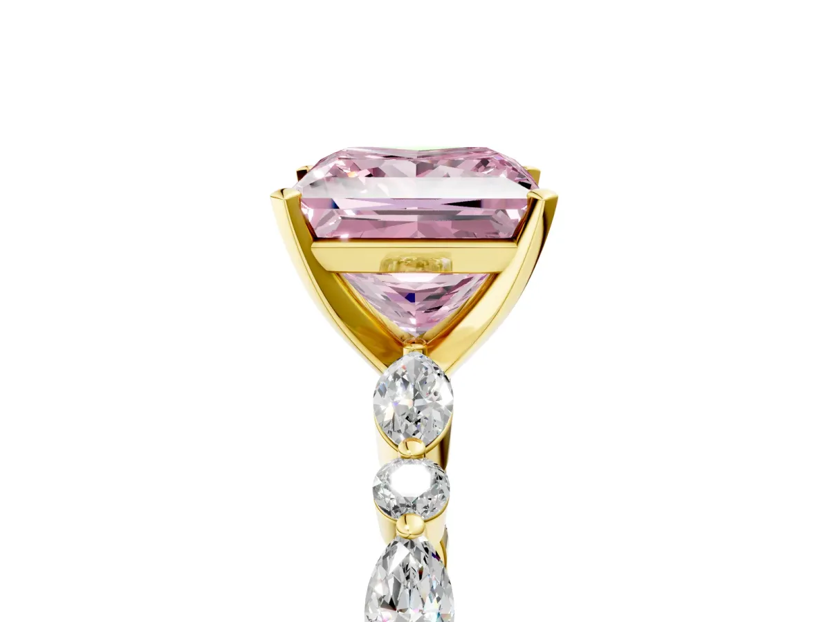 Fancy Pink Princess Cut Diamond Ring with Marquise and Round Side Stones and Four-Prong Setting Yellow gold