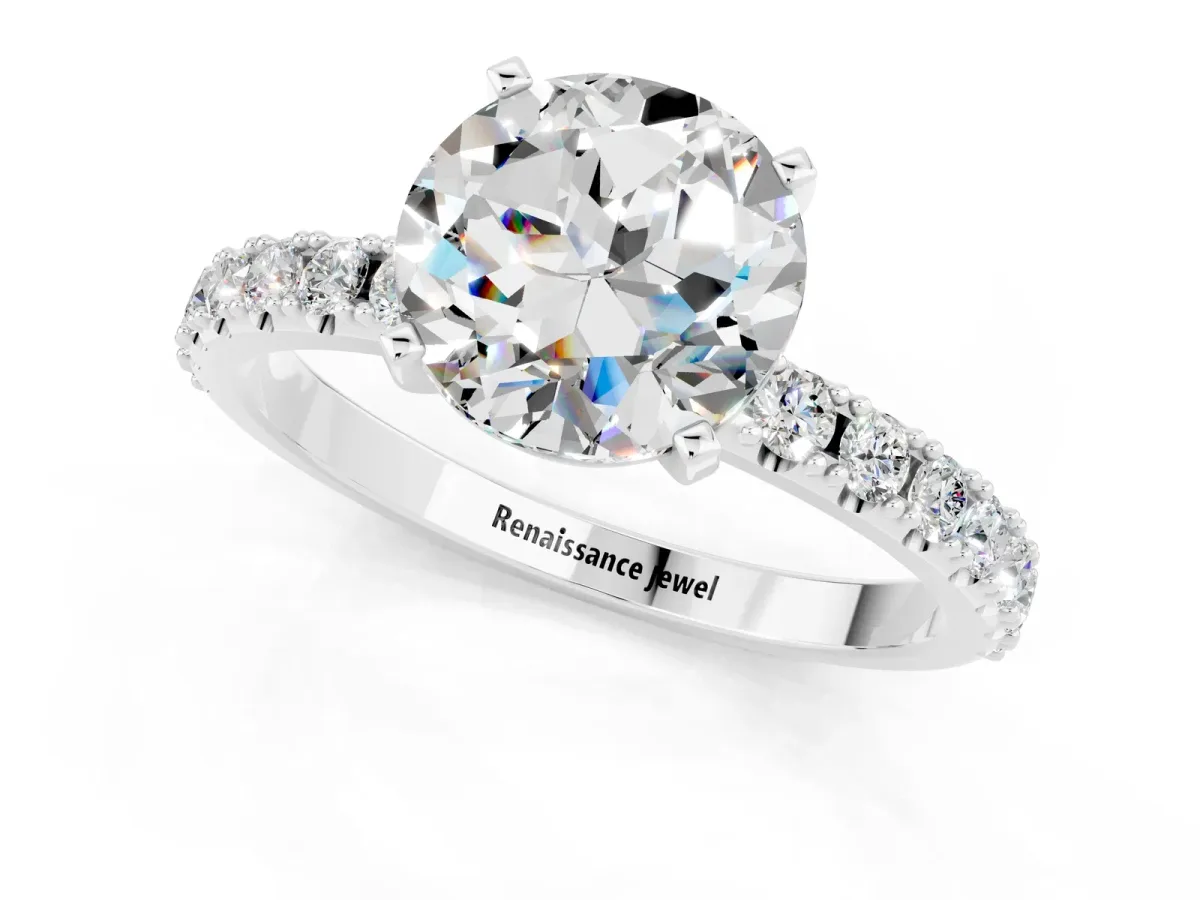 Round Cut Moissanite Solitaire Pavé Band with Four-Prong Setting Platinum