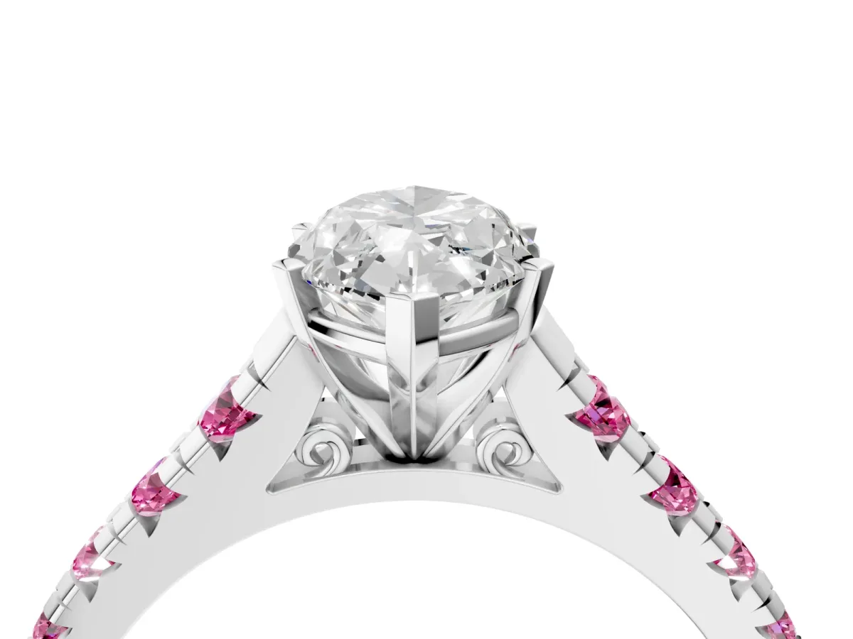 Marquise Cut Diamond Cathedral Solitaire Ring with Round Pink Sapphire Pavé Band White gold