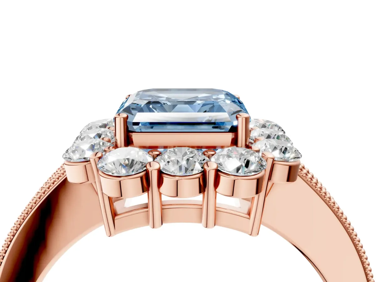 Fancy Blue Asscher Cut Cut Halo Diamond Pavé Engagement Ring with Milgrain Detailing Rose gold