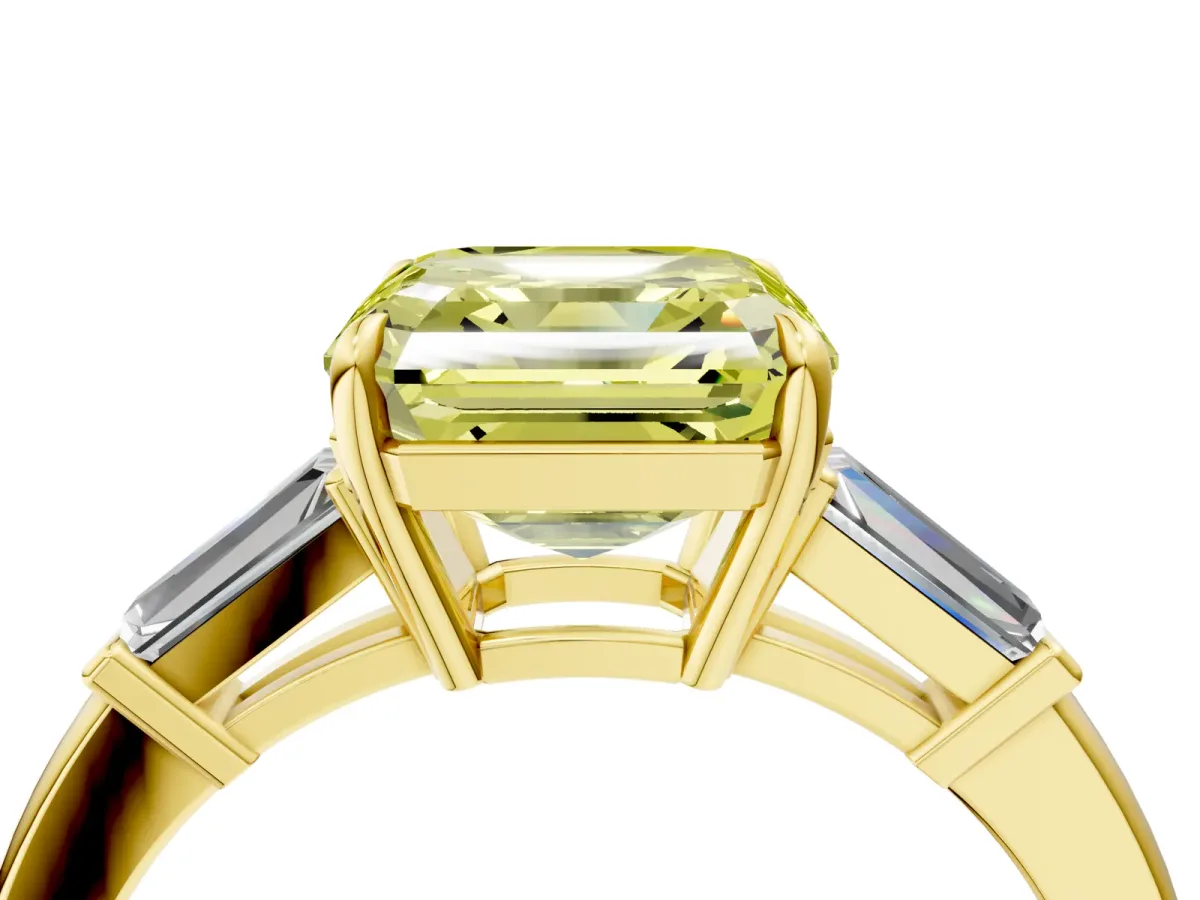 Fancy Yellow Asscher Cut Diamond Three-Stone Ring with Tapered Baguette Side Stones and Prong Setting Yellow gold
