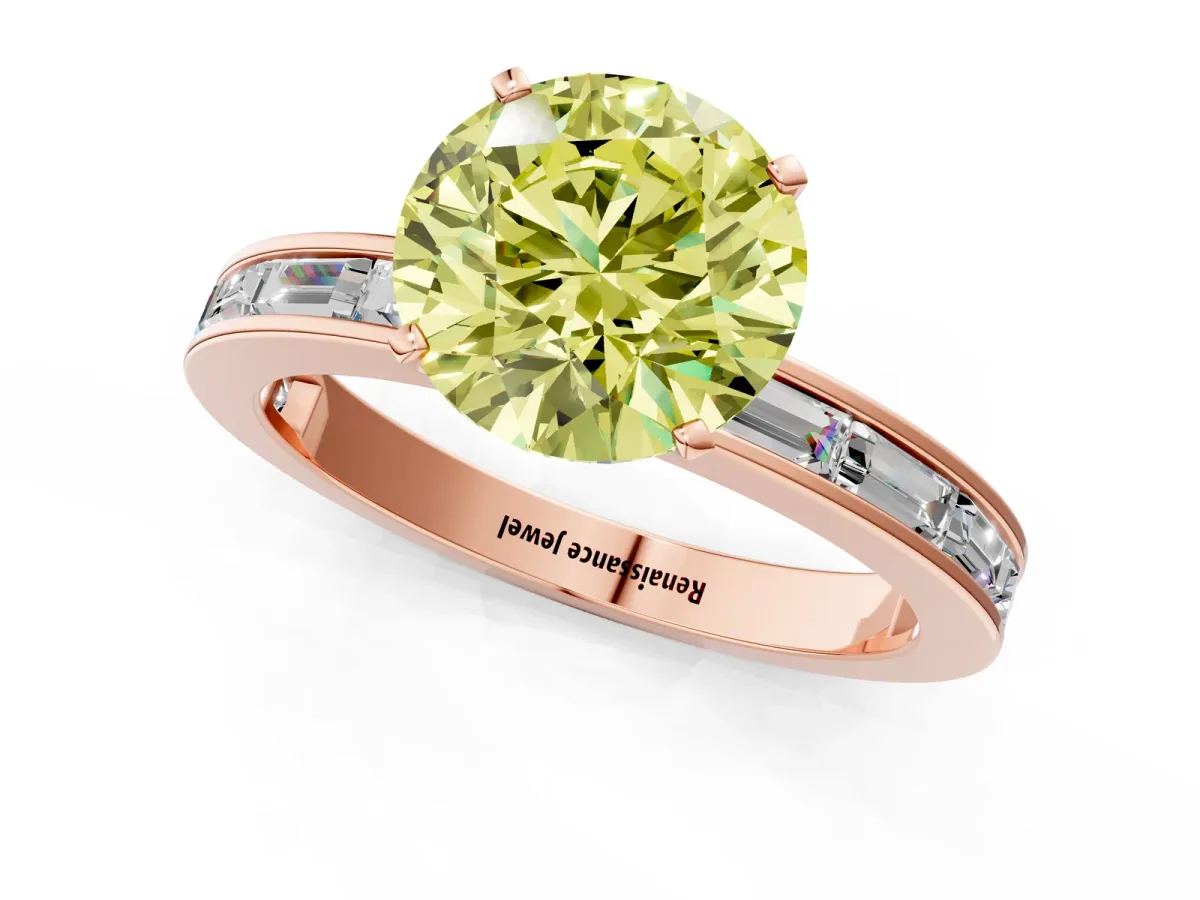 Fancy Yellow Round Cut Solitaire Diamond Ring with Channel-Set Baguette Band and Four-Prong Setting Rose gold