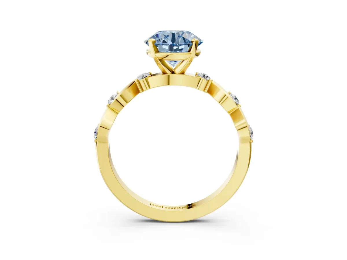 Fancy Blue Round Cut Diamond Solitaire Twisted Band with Round Accents and Prong Setting Yellow gold