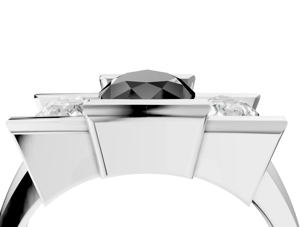 Fancy Black Three Stone Pear Cut Cut Channel Set Diamond Ring Silver