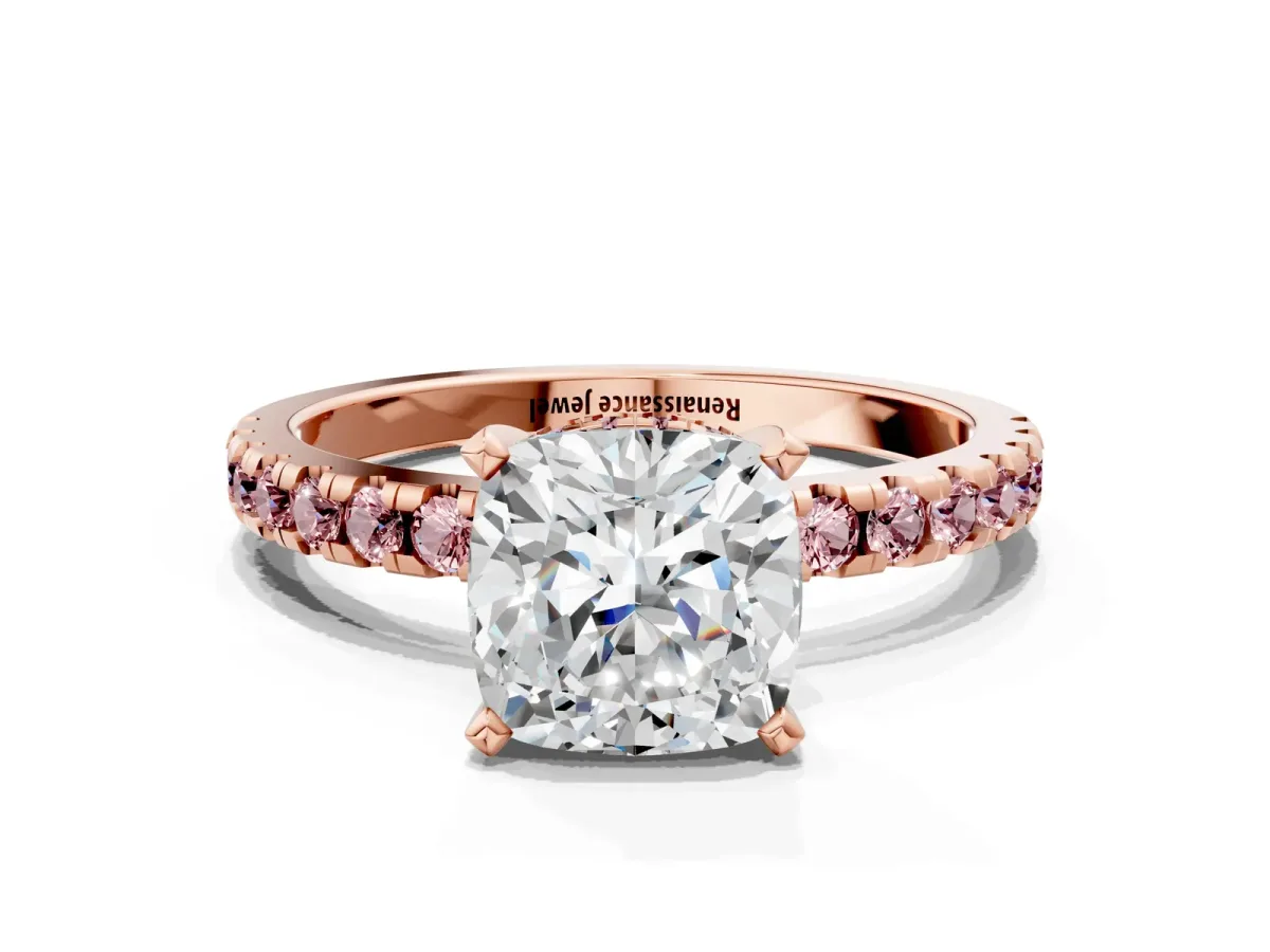 Cushion Cut Diamond Solitaire Ring with Round Morganite Pavé Band and Four-Prong Setting Rose gold