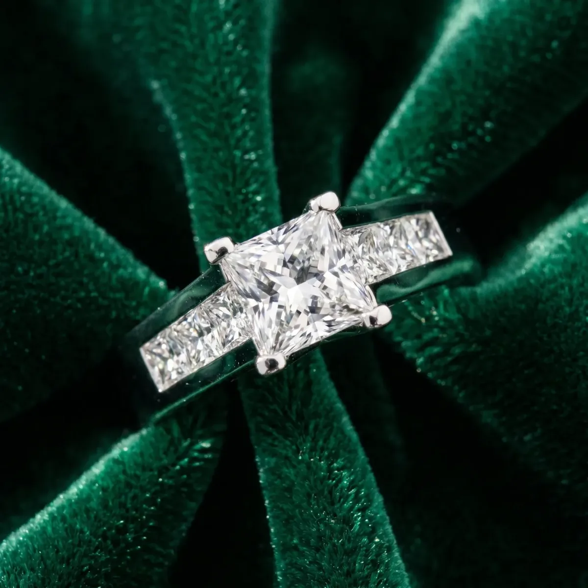 Asscher Cut Cut Channel Set Solitaire Ring with Four-Prong Setting Platinum