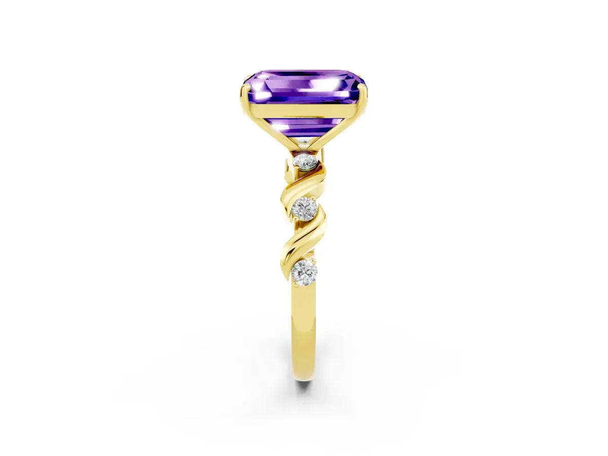 Emerald Cut Tanzanite Solitaire Twisted Band with Round Accents and Prong Setting Yellow gold