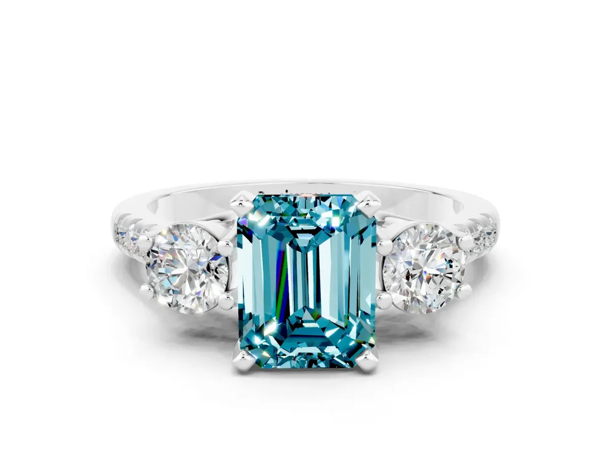 Three-Stone Emerald Cut Blue Topaz Pavé Band with Four-Prong Setting Silver