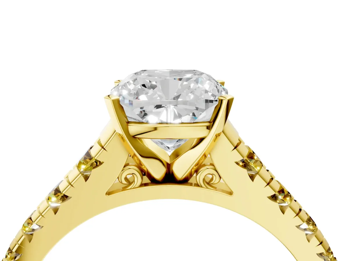 Cushion Cut Diamond Cathedral Solitaire Ring with Round Yellow Sapphire Pavé Band Yellow gold