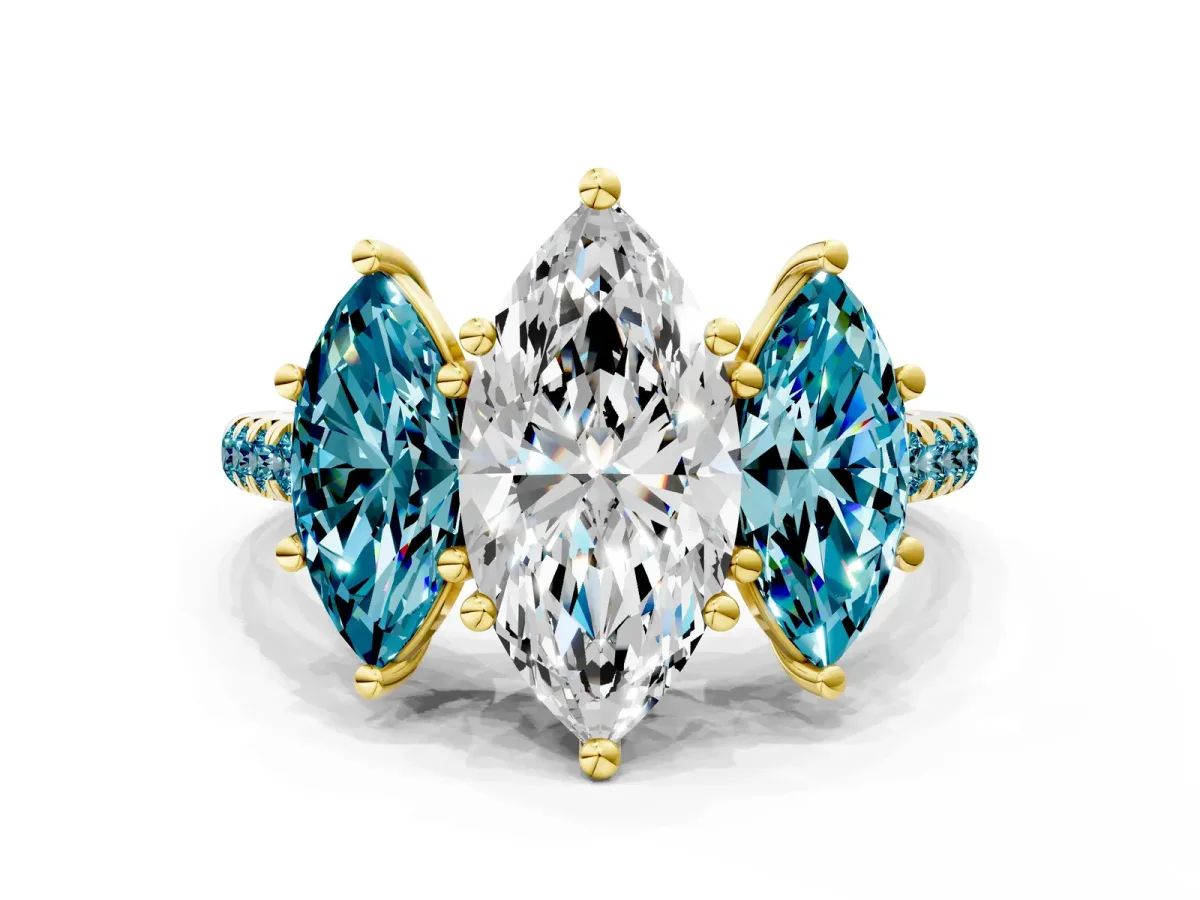 Three-Stone Marquise Cut Diamond Ring with Round Blue Topaz Pavé Band and Prong Setting Yellow gold