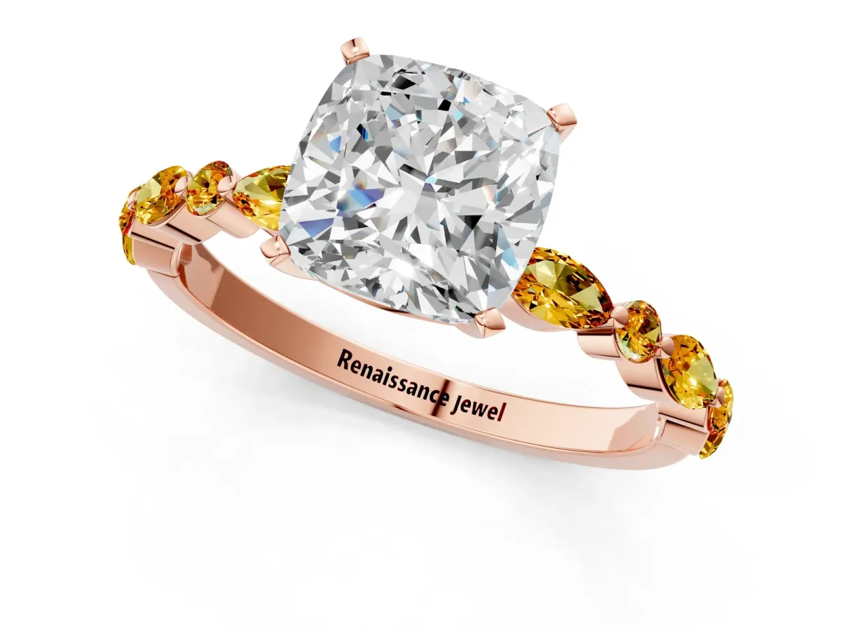 Cushion Cut Diamond Ring with Marquise and Round Citrine Side Stones and Four-Prong Setting Rose gold