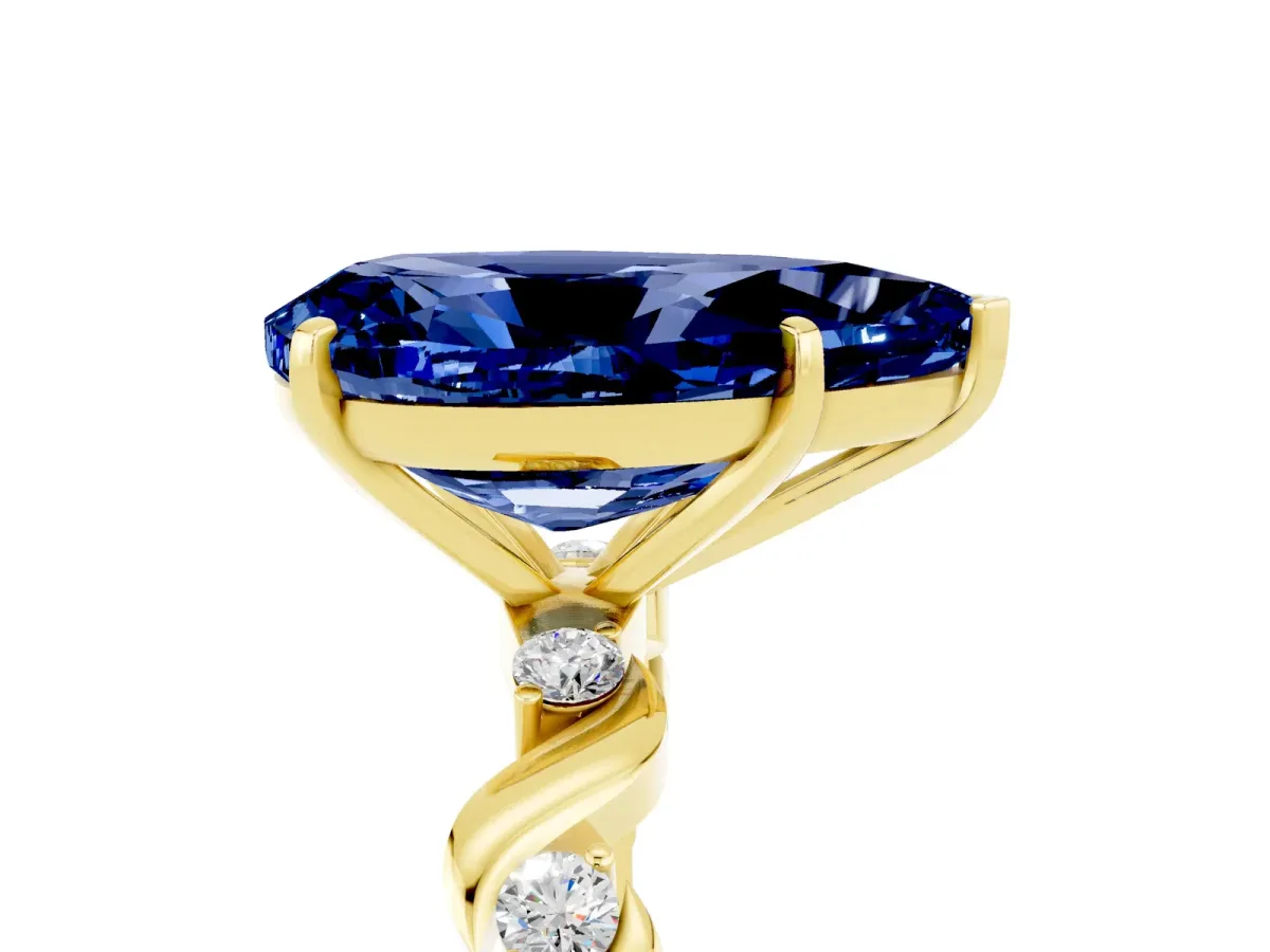 Pear Cut Blue Sapphire Solitaire Twisted Band with Round Accents and Prong Setting Yellow gold