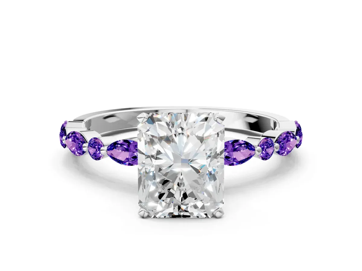 Radiant Cut Diamond Ring with Marquise and Round Tanzanite Side Stones and Four-Prong Setting White gold