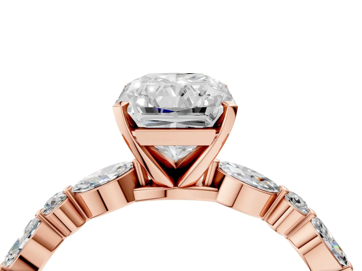 Radiant Cut Diamond Ring with Marquise and Round Side Stones and Four-Prong Setting Rose gold