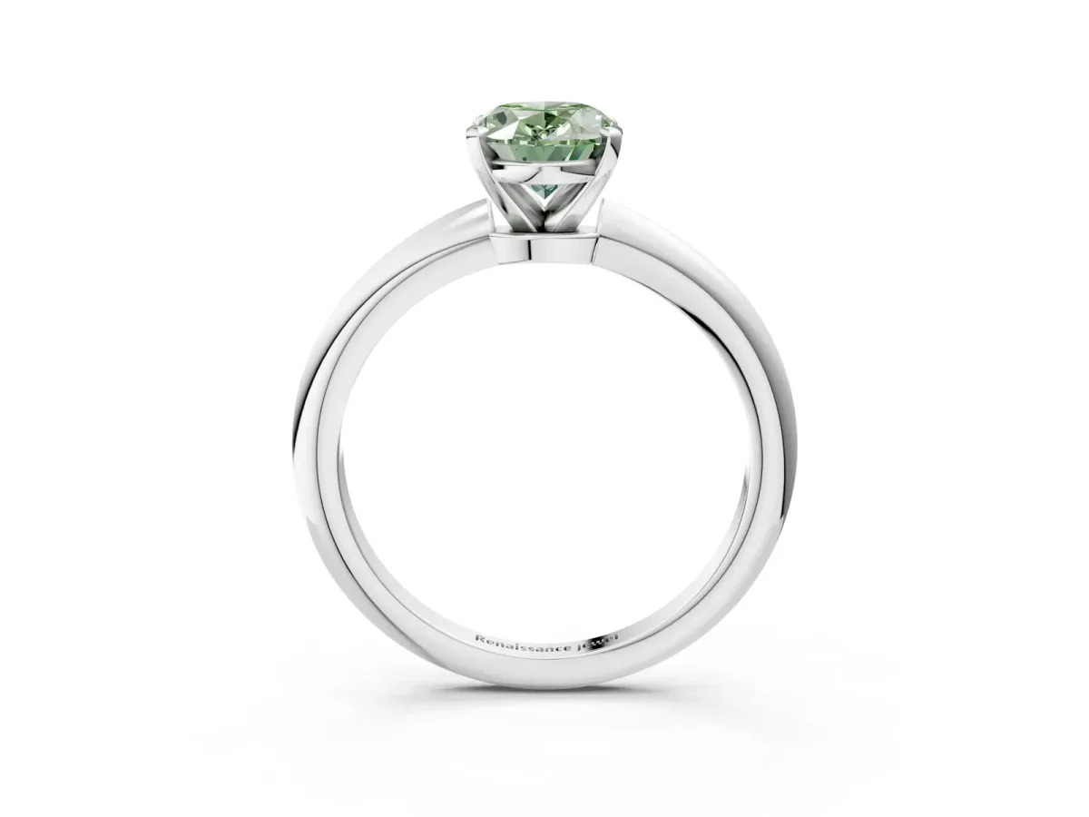 Fancy Green Oval Cut Diamond Solitaire Ring with Six-Prong Setting and Classic Band Platinum