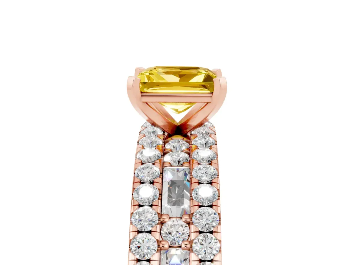 Princess Cut Yellow Sapphire Solitaire Ring with Pavé and Channel Set Band Rose gold