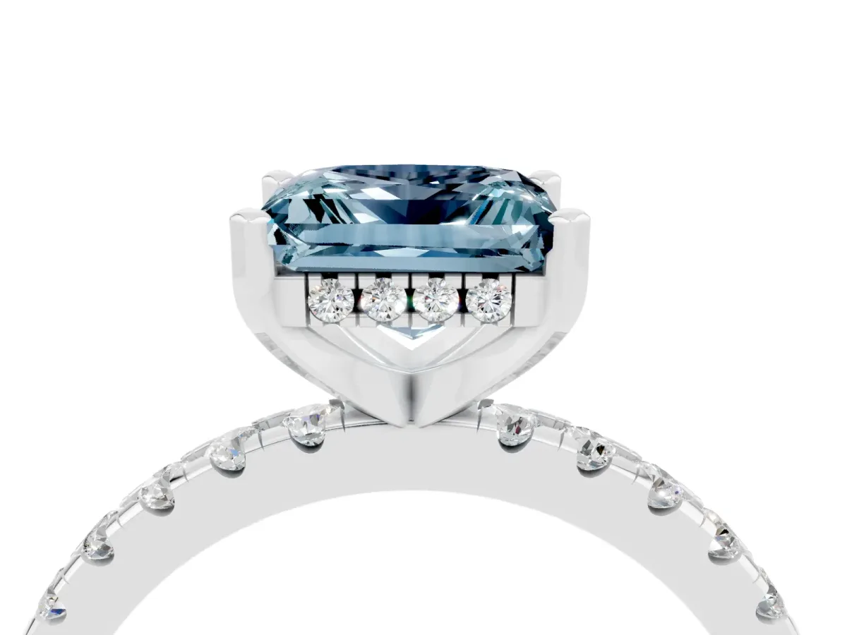 Princess Cut Aquamarine Solitaire Ring with Round Pavé Band and Four-Prong Setting White gold