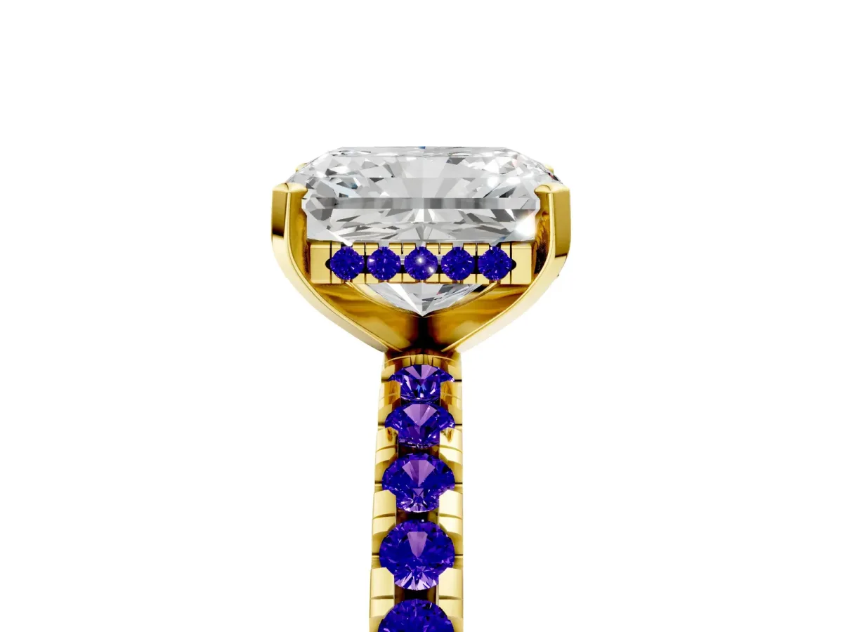 Radiant Cut Diamond Solitaire Ring with Round Tanzanite Pavé Band and Four-Prong Setting Yellow gold