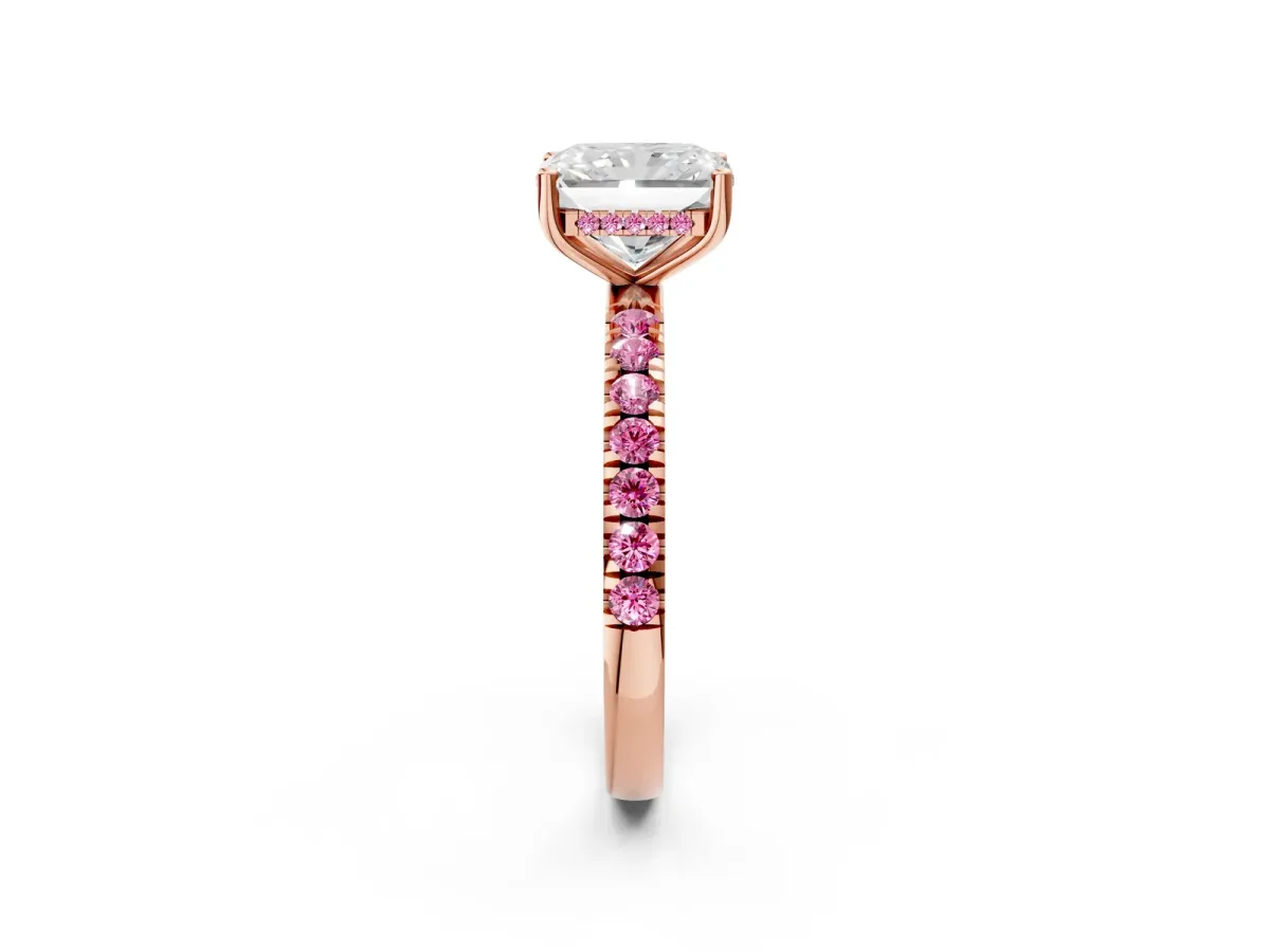 Radiant Cut Diamond Pave Band Solitaire Ring with Round Pink Sapphire and Prong Setting Rose gold