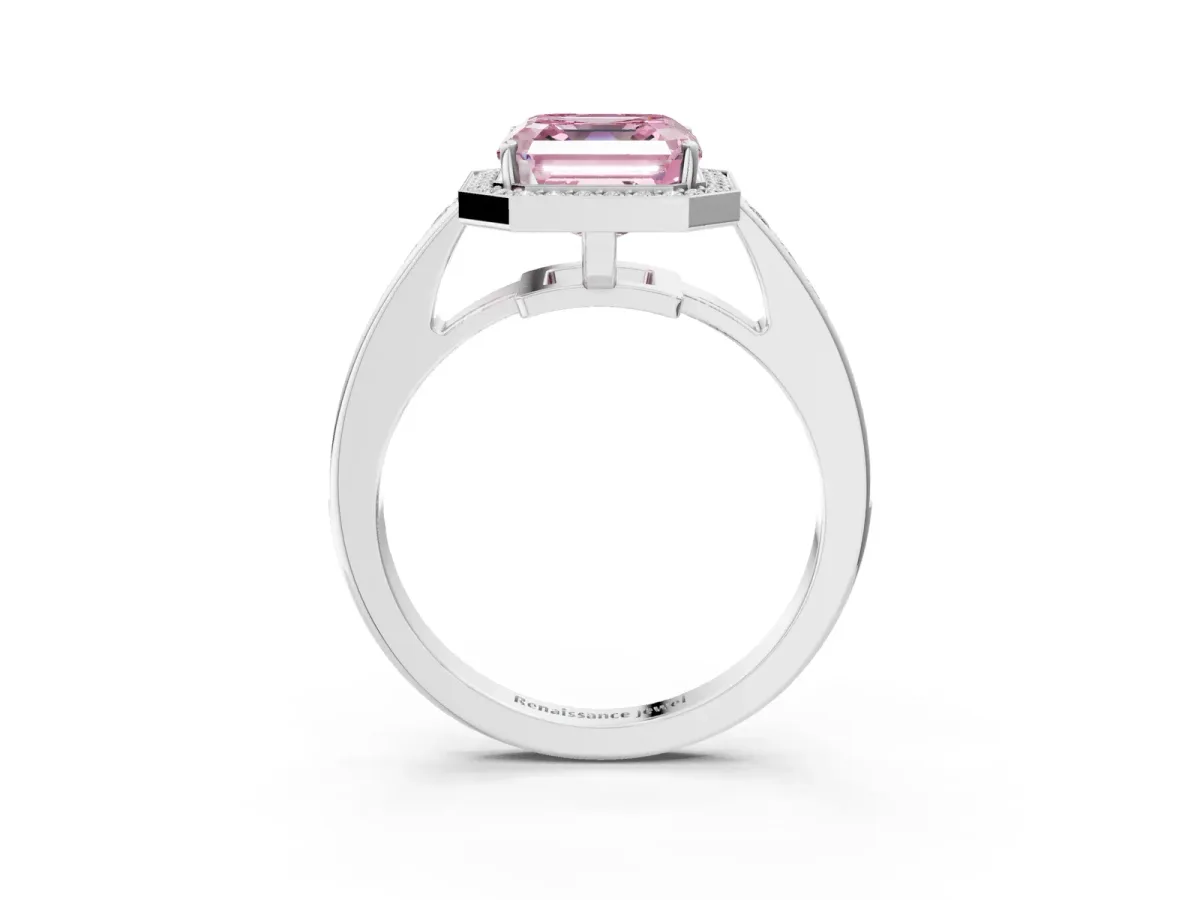 Fancy Pink Asscher Cut Halo Pavé Diamond Engagement Ring with Bezel Setting Silver