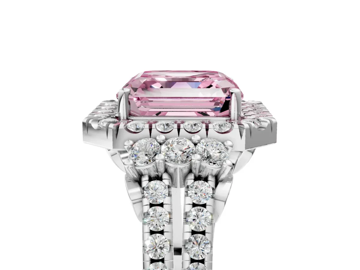 Fancy Pink Asscher Cut Cut Double Halo Diamond Engagement Ring with Pave Band and Four-Prong Setting Platinum