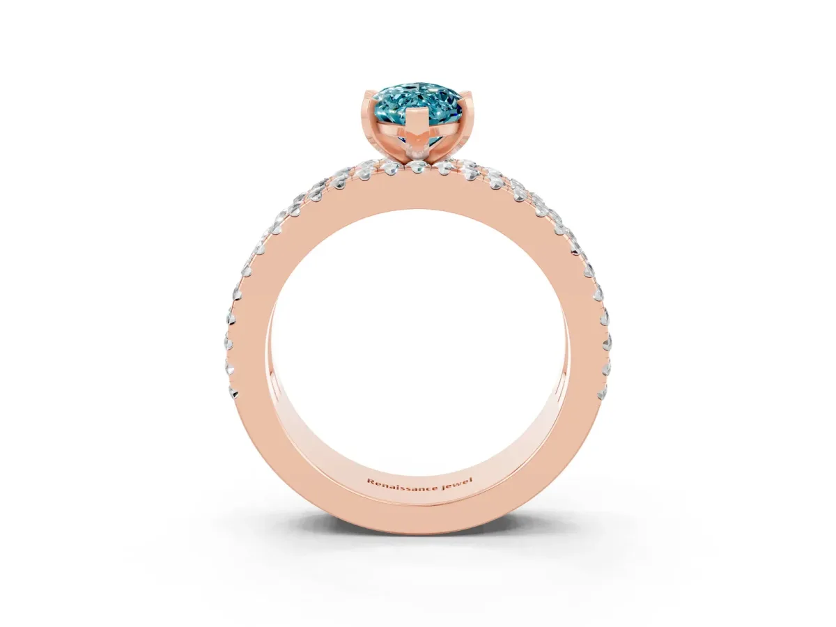 Marquise Cut Blue Topaz Solitaire Ring with Pavé and Channel Set Band Rose gold