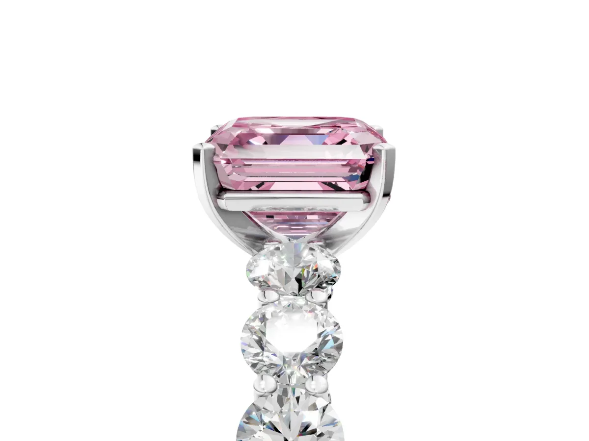Fancy Pink Asscher Cut Diamond Prong Setting with Side Stones on a Pave Band Silver