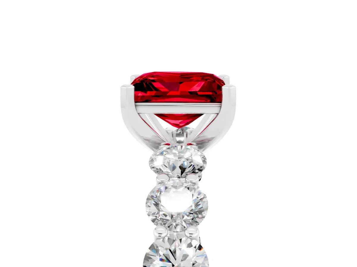 Princess Cut Ruby Prong Setting with Side Stones on a Pave Band Silver