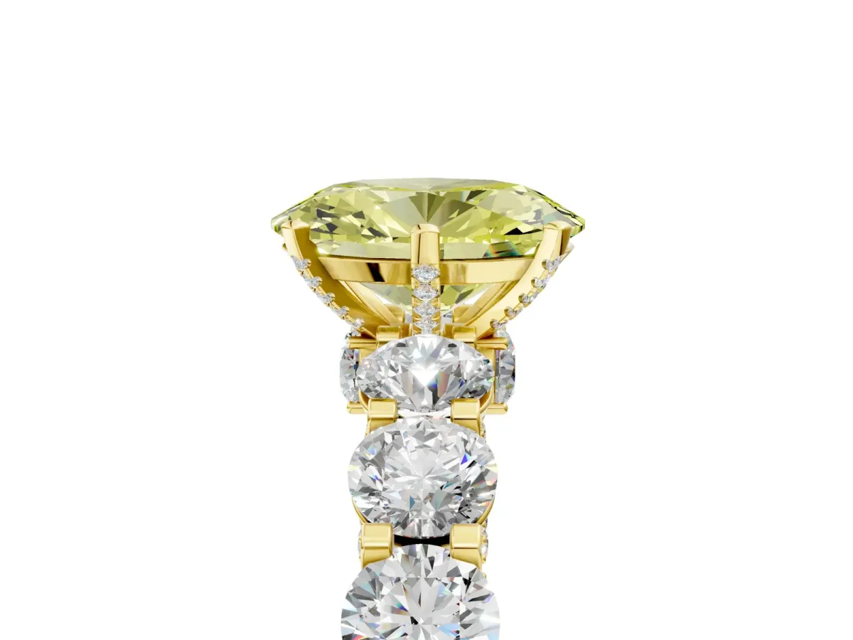 Fancy Yellow Oval Cut Diamond Side Stone Engagement Ring with Four-Prong Setting Yellow gold