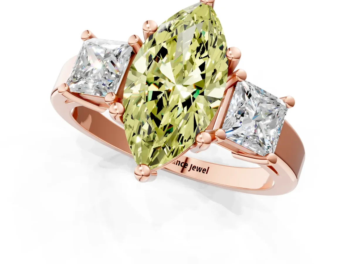 Fancy Yellow Three-Stone Marquise Cut Cut Solitaire Ring with Prong Setting Rose gold