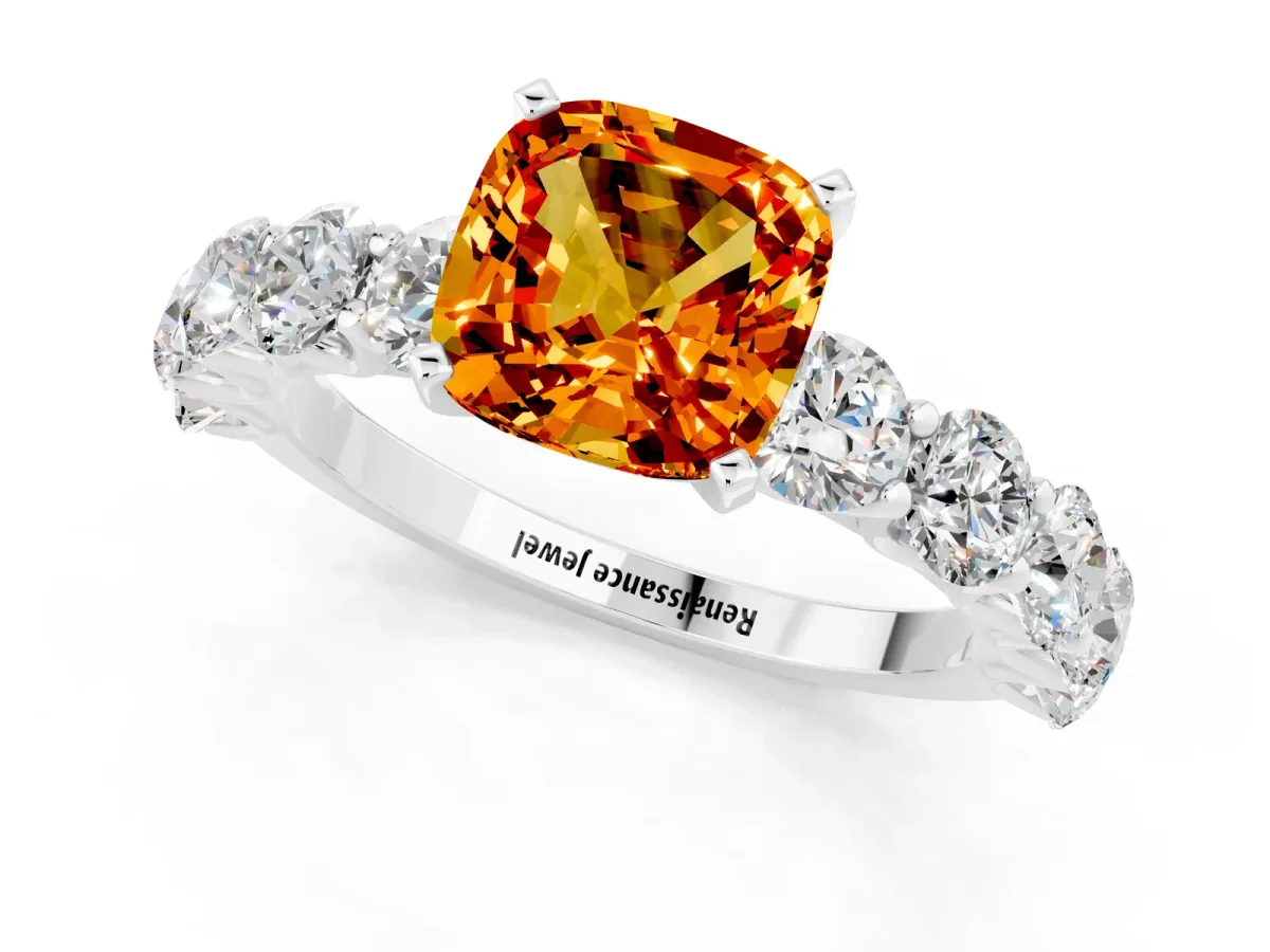Cushion Cut Citrine Prong Setting with Side Stones on a Pave Band Silver