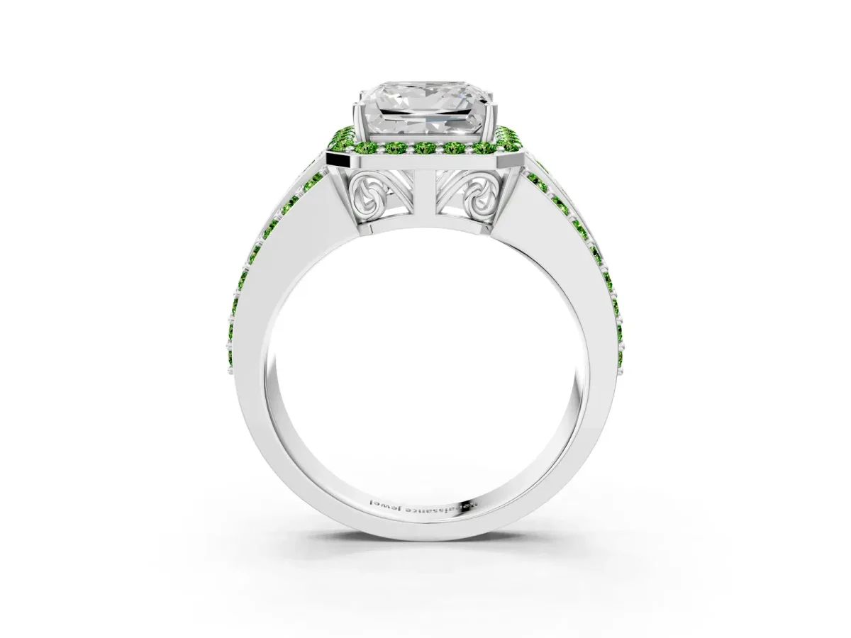 Princess Cut Halo Diamond Ring with Round Peridot Split Shank and Prong Setting White gold