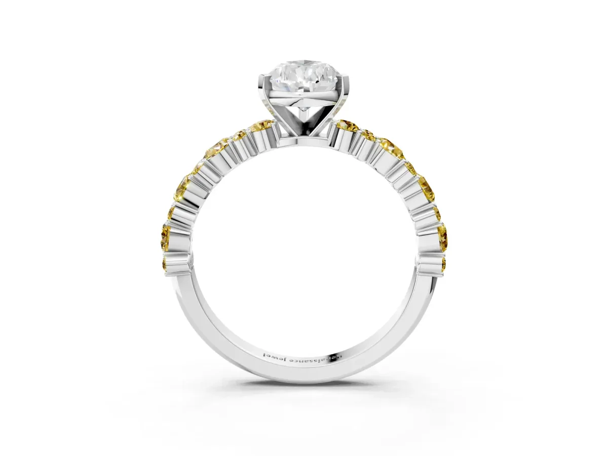Pear Cut Diamond Side Stone Solitaire Ring with Round Yellow Sapphire and Four-Prong Setting White gold