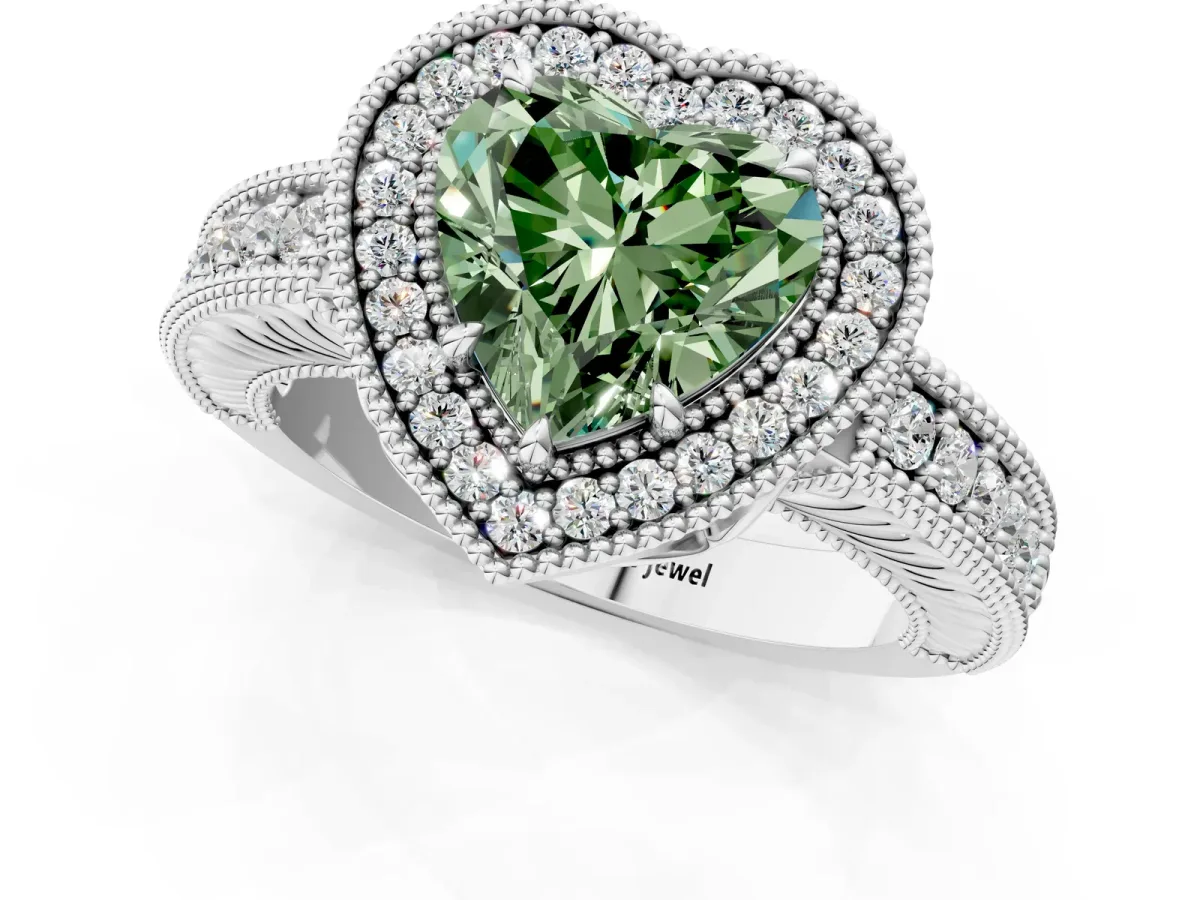 Fancy Green Heart Cut Cut Halo Diamond Ring with Pavé Band and Four-Prong Setting Platinum