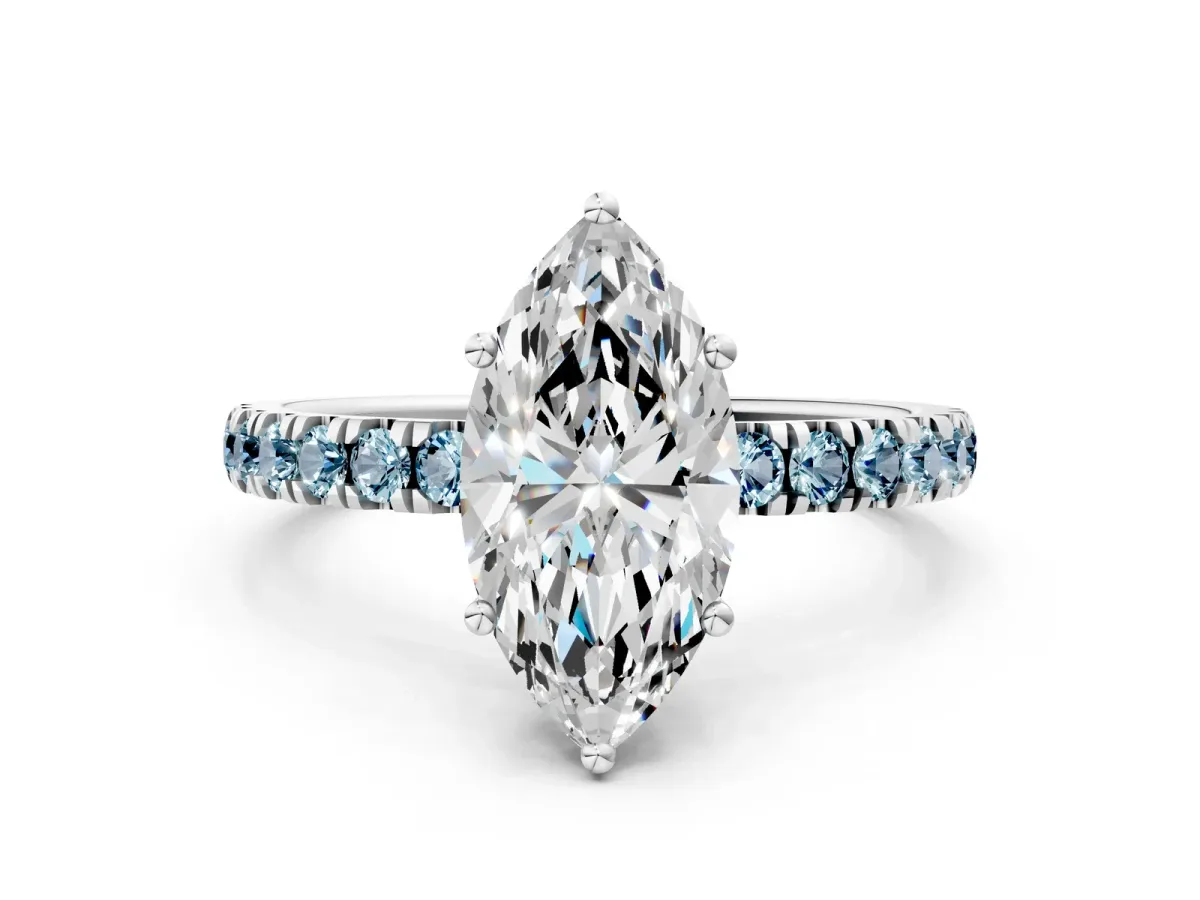 Marquise Cut Diamond Pave Band Solitaire Ring with Round Aquamarine and Prong Setting White gold
