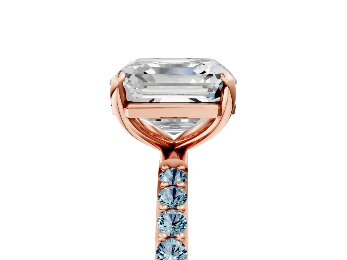 Asscher Cut Diamond Solitaire Ring with Round Aquamarine Pavé Band and Prong Setting Rose gold