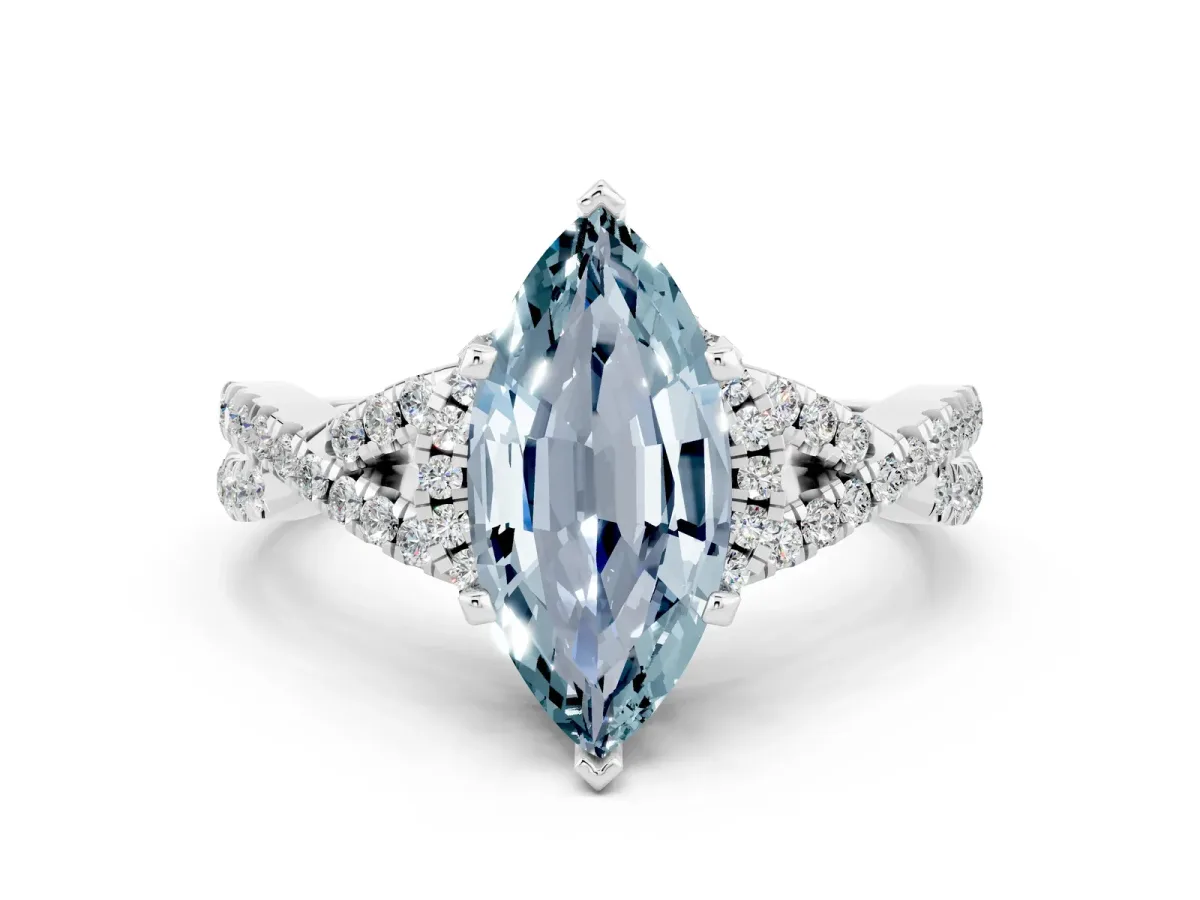 Marquise Cut Aquamarine Halo Twist Band Solitaire Prong Setting Ring White gold