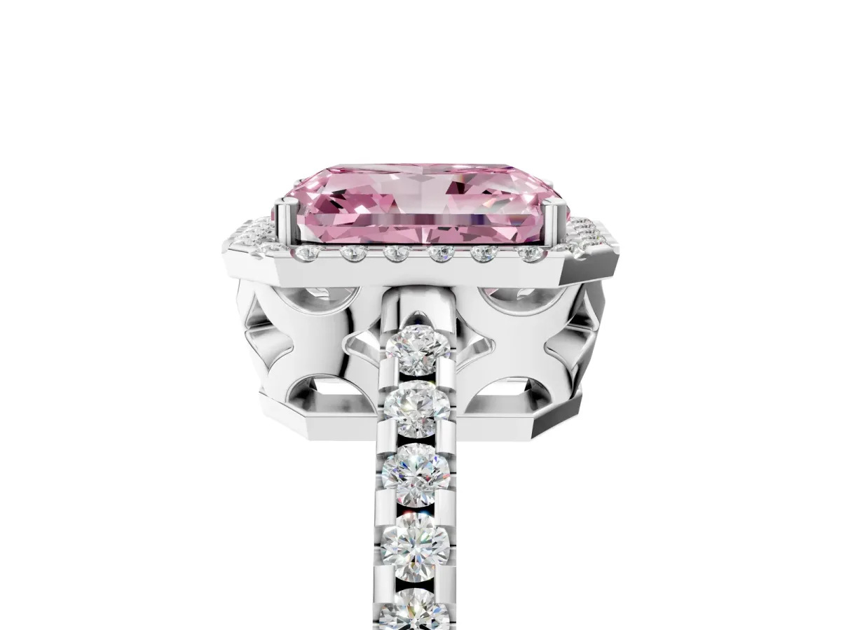 Fancy Pink Radiant Cut Diamond Halo Engagement Ring with Pavé Band and Prong Setting Platinum