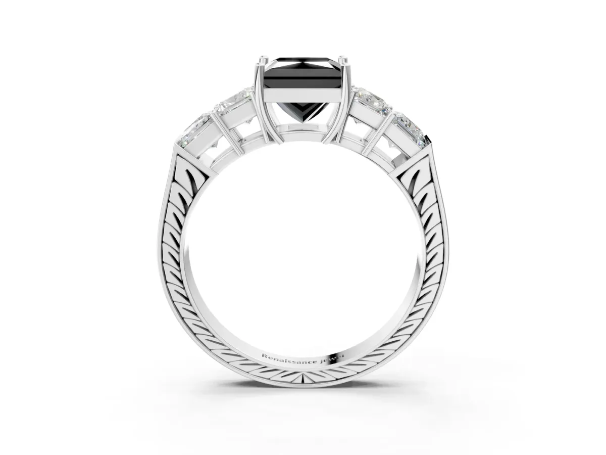 Fancy Black Princess Cut Solitaire Princess Side Stone Engraved Band Prong Setting Ring Platinum