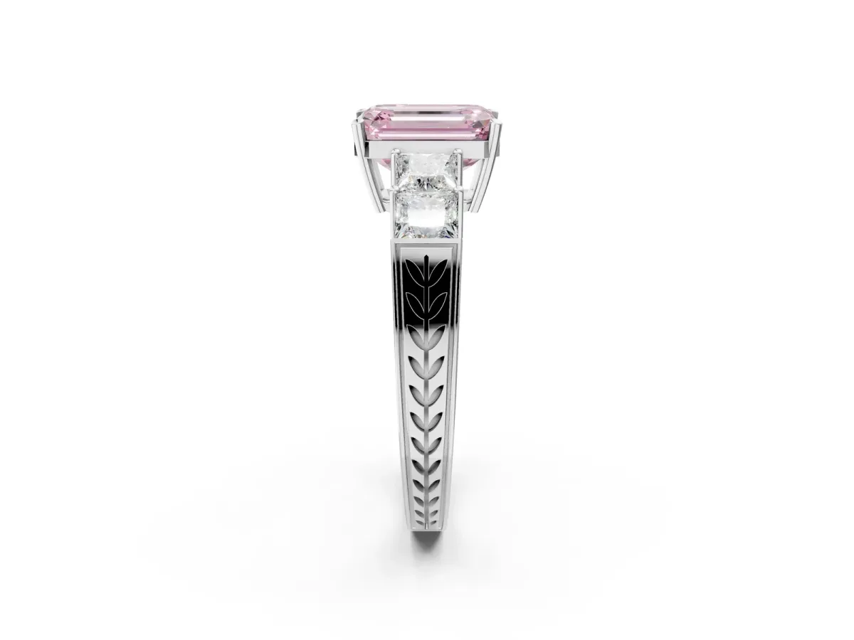 Fancy Pink Emerald Cut Solitaire Princess Side Stone Engraved Band Prong Setting Ring Silver