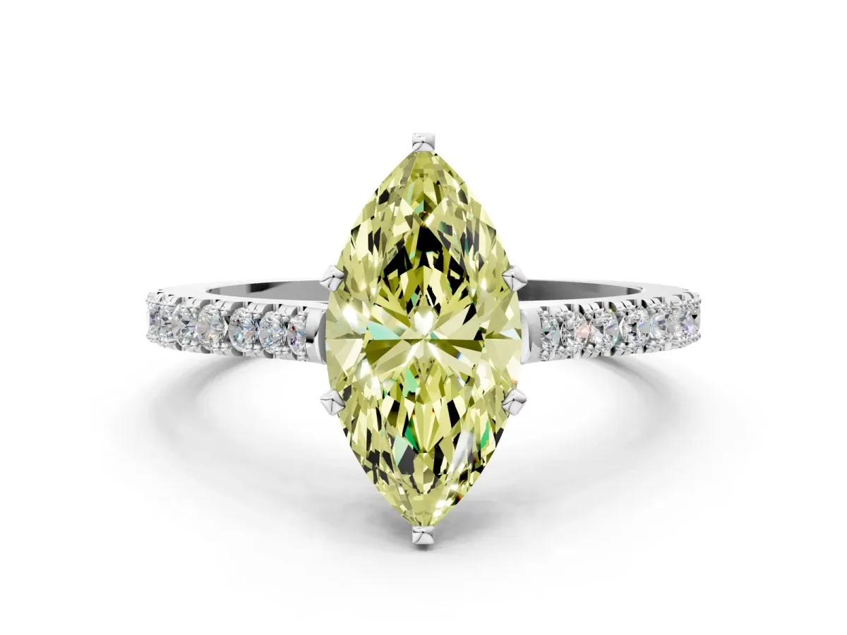 Fancy Yellow Marquise Cut Cut Solitaire Diamond Engagement Ring with Pave Band and Four-Prong Setting White gold