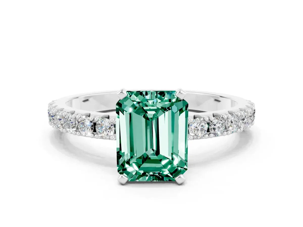Emerald Cut Green Sapphire Solitaire Pavé Band with Four-Prong Setting Platinum