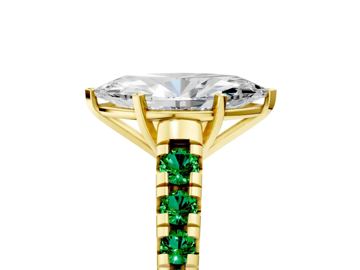 Marquise Cut Diamond Cathedral Solitaire Ring with Round Emerald Pavé Band Yellow gold