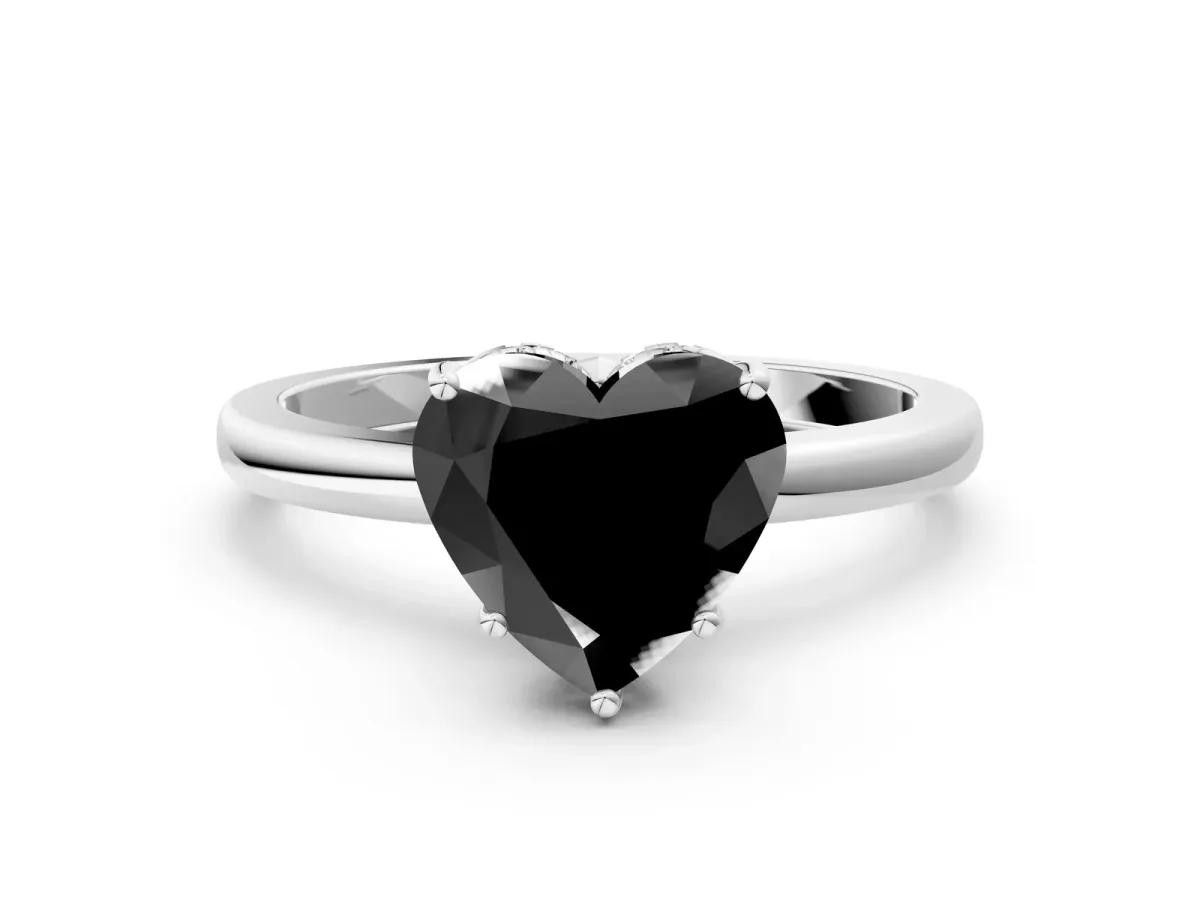 Fancy Black Heart Cut Solitaire Diamond Ring with Prong Setting and Plain Band Silver