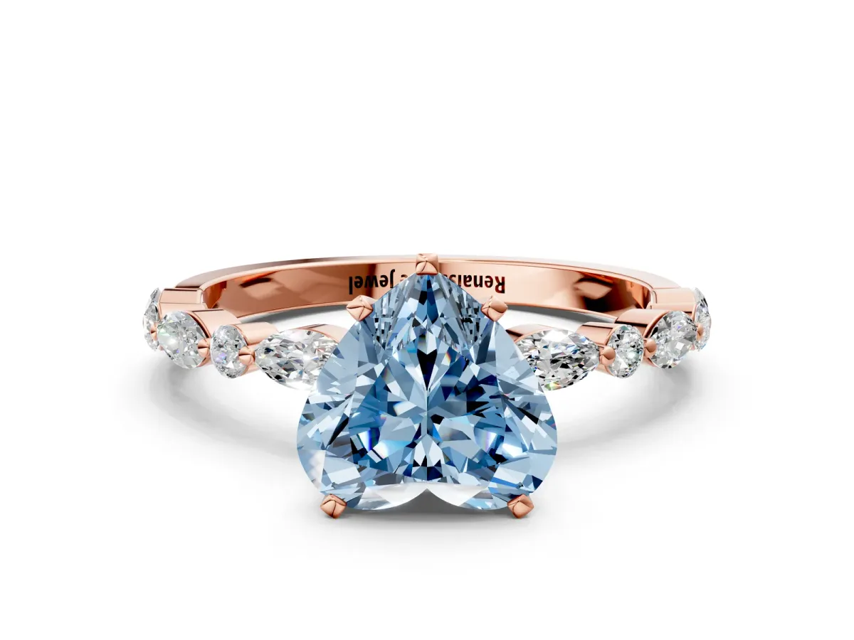 Fancy Blue Heart Cut Diamond Ring with Marquise and Round Side Stones and Four-Prong Setting Rose gold