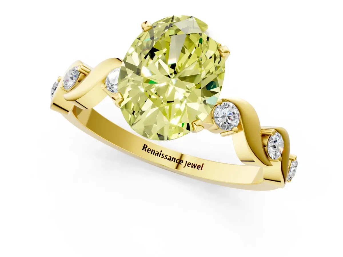 Fancy Yellow Oval Cut Diamond Solitaire Twisted Band with Round Accents and Prong Setting Yellow gold
